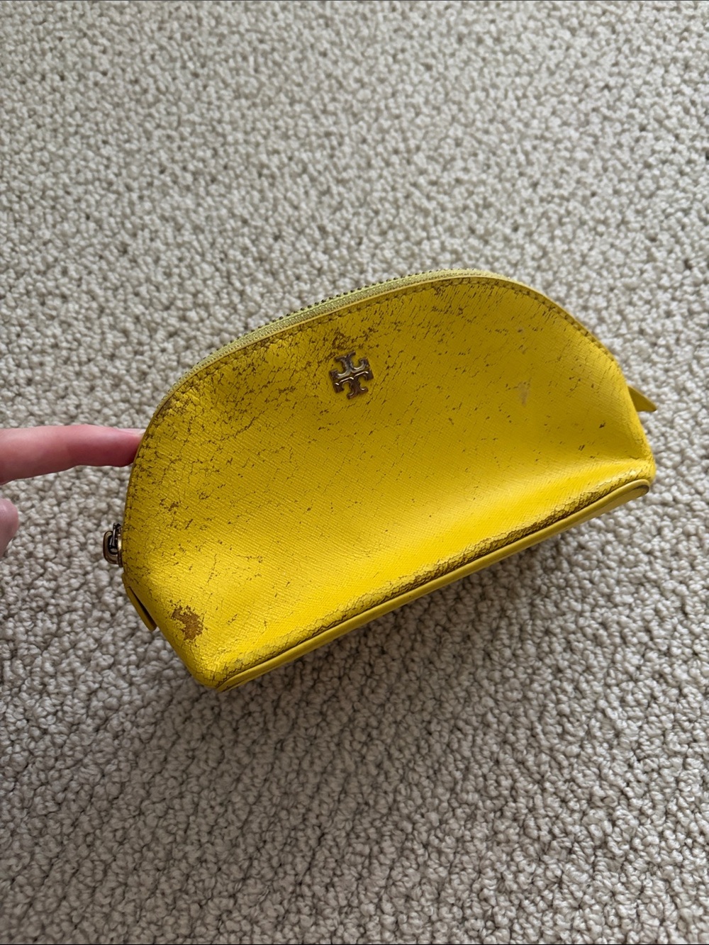 Tory Burch Yellow Leather Dome Cosmetic Case Small Pouch FLAWS